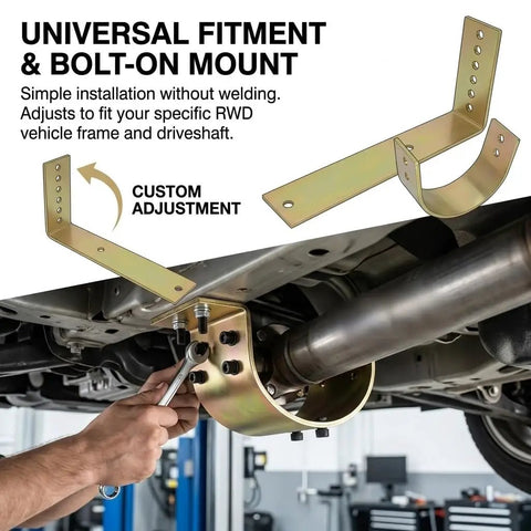 Badass Steel Driveshaft Safety Loop Kit Featuring Hella Durable Zinc Plating And No Sweat Bolt On Hardware Mounting For Sbc Bbc 350 Hot Rod And Muscle Car Rigs installed on a vehicle with adjustable mounts.