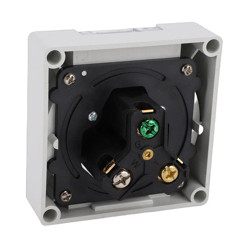 Industrial Grade 30A Weatherproof Lockable Power Outlet With US Plug IP55 Rating And Premium Brass Contacts close-up view of internal connections.