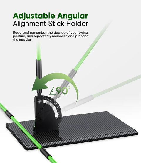 Golf Alignment Sticks And Angle Holder Set with angular holder on carbon fiber plate, showing 90-degree adjustment.