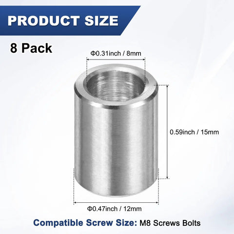 8 Pack M8 304 Stainless Steel Spacers 8mm ID 12mm OD 15mm Length Metal Screw Standoff Bushings Plain Finish Round Spacers