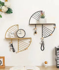 Built Tough Cast Iron Wall Hooks With Wood Floating Shelf And Heavy Duty Coat Rack For Jackets Caps Keys Easy Install Storage Solution For Living Room Decorative Entryway Hanger Frame Modern Vibe featuring gold and black wall shelves with hooks.