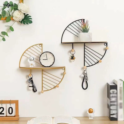 Built Tough Cast Iron Wall Hooks With Wood Floating Shelf And Heavy Duty Coat Rack For Jackets Caps Keys Easy Install Storage Solution For Living Room Decorative Entryway Hanger Frame Modern Vibe featuring gold and black wall shelves with hooks.