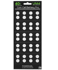 Rock Solid 40 Pack LR44 Alkaline Button Cell Batteries 1.5 Volt AG13 357 SR44 A76 Coin Power for gadgets in a sealed display strip.