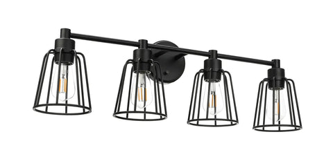 Farmhouse Vanity Light for Bathroom, 4 Light Industrial Over Mirror Fixture in Matte Black With Cage Shade, Cozy Farmhouse Vibe