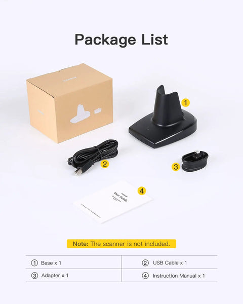 Package contents of Barcode Scanner Charging Base 2 In 1 Stand And Charger For BCST 60 BCST 70 BCST 73 P6 P7 Hands Free Scanning