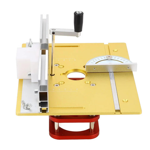 Heavy Duty Steel Router Lift Base With Two Inch Travel Dead On Height Control For Carving Routing And Chamfering Tasks, gold aluminum plate with adjustable handle.