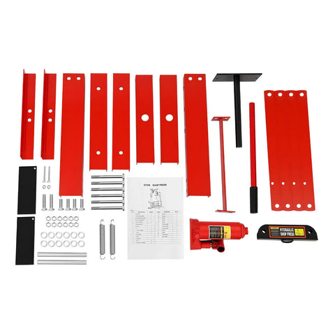 Heavy Hitter 6 Ton Hydraulic Shop Press Benchtop A Frame Garage Workhorse adjustable height parts kit layout on white background.