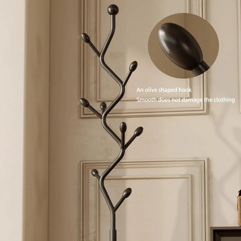 Close-up of Tree Shaped Coat Rack With Eight Hooks Heavy Duty Freestanding Metal Coat Tree On Cast Iron Base, olive-shaped hook detail