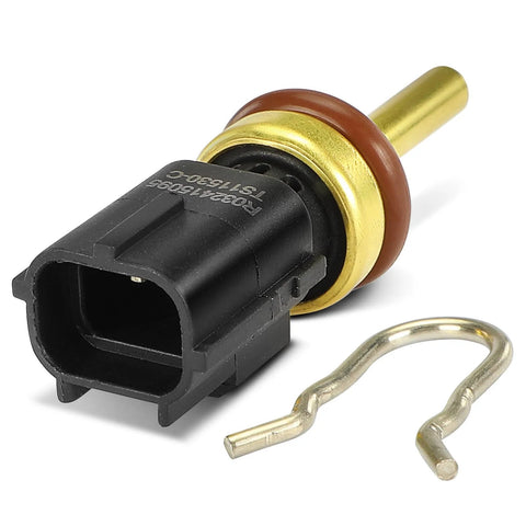 A-Premium engine coolant temperature sensor with black plastic connector, brass stem, and brown seal.