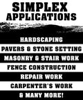 Text listing applications for a simplex system, including hardscaping and carpentry, in black and white bolded font format.