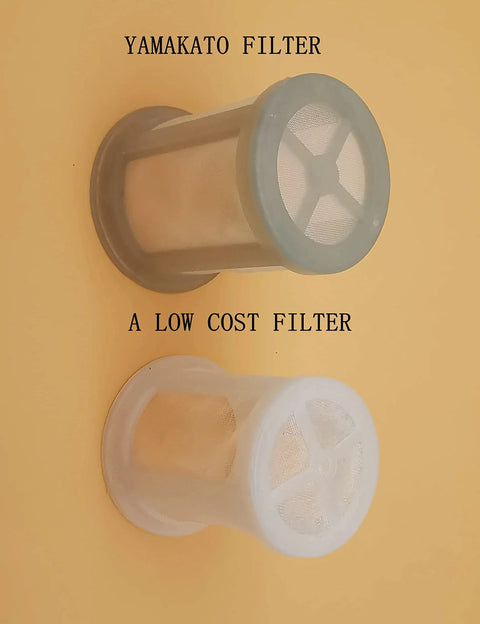 Comparison of two gas fuel tank joint outlet filter screens for Honda GX160 GX390 clones, showing design differences.