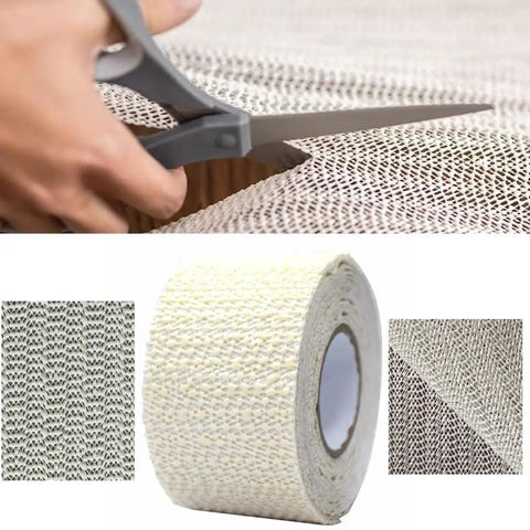 Double-Sided Anti-Slip Rug Tape Gripper For Hardwood Floors And Tile being cut with scissors, roll and material texture shown