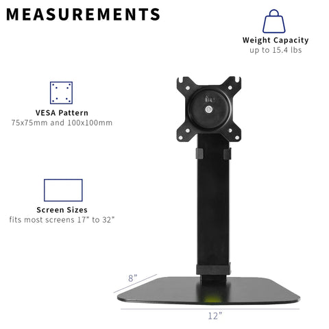 Durable Heavy Duty Freestanding Monitor Mount Desk Stand Rock Solid Height Adjustable Arm dimensions 12 inch base 8 inch height for 17 to 32 inch screens