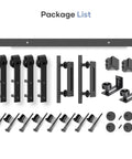 The Top Shelf Ten Foot Double Sliding Barn Door Track Hardware Kit With Heavy Duty J Pulleys And Rock Solid Ball Bearing Rollers For Buttery Smooth Glides And Quicker Setup package contents including rollers, handles, and rail.