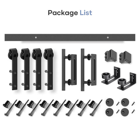 The Top Shelf Ten Foot Double Sliding Barn Door Track Hardware Kit With Heavy Duty J Pulleys And Rock Solid Ball Bearing Rollers For Buttery Smooth Glides And Quicker Setup package contents including rollers, handles, and rail.