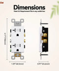 Heavy Duty 20 Amp Tamper Resistant Decorator Outlet Nema 5-20R dimensions showing front and side views, UL certified design.