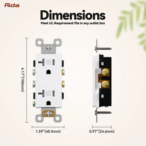 Heavy Duty 20 Amp Tamper Resistant Decorator Outlet Nema 5-20R dimensions showing front and side views, UL certified design.