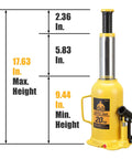 Heavy Duty 20 Ton Hydraulic Bottle Jack With Welded Steel Frame, Adjustable 9.25 To 17.52 Inch Lift, 40,000 Lb Capacity