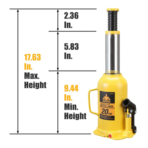 Heavy Duty 20 Ton Hydraulic Bottle Jack With Welded Steel Frame, Adjustable 9.25 To 17.52 Inch Lift, 40,000 Lb Capacity