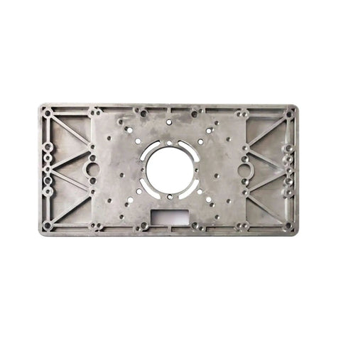 Premium Aluminum Router Table Insert Plate For Woodworking Benches With Four Secure Centering Rings And Pro Level Dead On Mounting Kit top view with detailed cutouts.