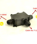 Waterproof Outdoor Junction Box IP68 with 3 Way M20 Cable Gland for 4 to 12mm wires, black, shown with labeled cable dimensions.