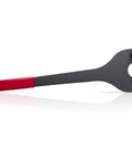 E-cowlboy cam pulley holder side view; metal tool with red handle and forked end with two pins.