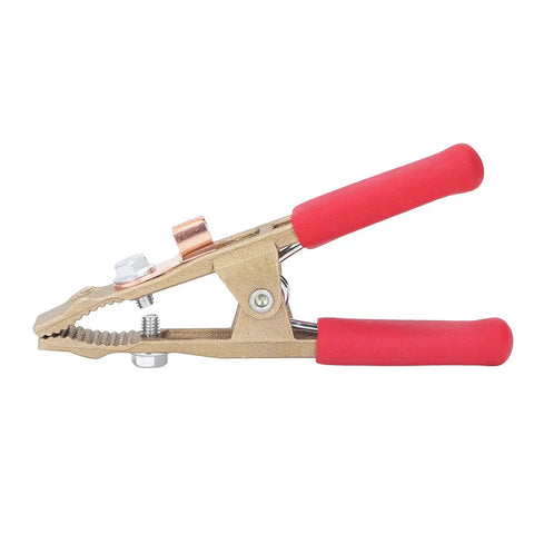 Heavy Duty Earth Ground Wire Clamp 40mm Opening For Robust Electric Welding Jobs Featuring High Current Rating Up To 260A With Durable Brass Build And Super Comfortable Sheath Handle Perfect Shipyards Steel Structures, showing non-slip red handle and brass clamp.