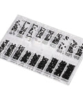Premium Black Stainless Steel Micro Screw Assortment Kit Comes With Four Bulletproof Sets Of Eighteen Precision Fastener Sizes organized in a clear case.