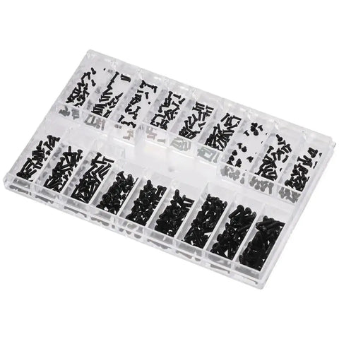 Premium Black Stainless Steel Micro Screw Assortment Kit Comes With Four Bulletproof Sets Of Eighteen Precision Fastener Sizes organized in a clear case.