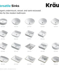 Various models of Kräs versatile sinks displayed, featuring the Elavo Modern Rectangular Vessel Sink In White Porcelain Ceramic For Bathrooms 19 Inch With Baked On Glaze Finish Scratch And Stain Resistant Non Porous Surface Easy To Clean Boss Level Vanity Upgrade.