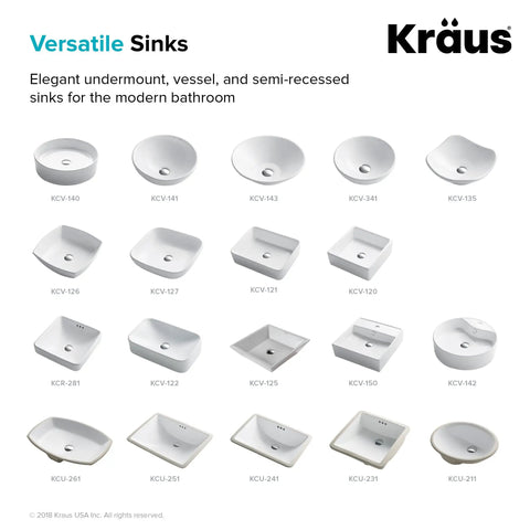 Collection of various Kraus bathroom sinks including Elavo Square Vessel Sink In White Porcelain Ceramic For Bathrooms, KCV-126.