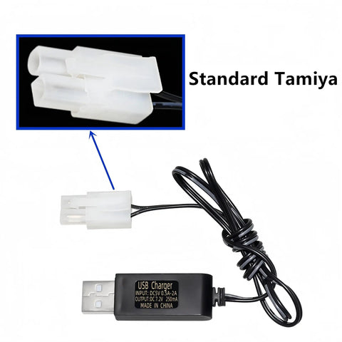 7.2V NiMH NiCd Battery Charger Cable With Standard Tamiya Plug for RC Cars, USB powered, white connector close-up
