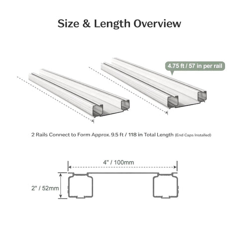 Heavy Duty Conjoined Double Track Curtain Rail System Ceiling Mount White 9.5ft with Silent Ball Bearing Runners diagram