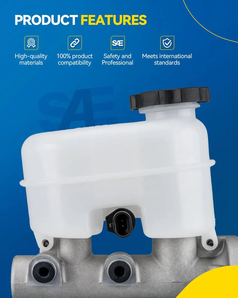 Brake Master Cylinder Assembly Replacement For Chevy Silverado 1500 2500 HD GMC Sierra shown with features list