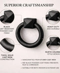 Black Cast Iron Cabinet Drawer Ring Pull, Mission Style Antique Drop shown with details on rust-resistant finish and design.