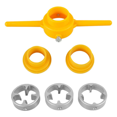 PVC Pipe Thread Maker Tool Kit With 12 Pcs Dies, DIY Ready Manual Pipe Threader Set showing T-handle and circular dies