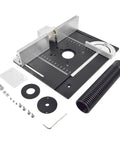 Killer Aluminum Router Table Insert Plate With Sharp Precision Scales And Ridiculously Sturdy Push Ruler Badass DIY Workbench Station Kit For Woodworkers Hustling For Top Shelf Accuracy And Flawless Cuts, showing aluminum surface and components.