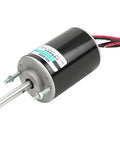 30W PM DC Electric Motor at 24 Volts with copper windings, showcasing black casing and silver shaft for DIY gear builds.