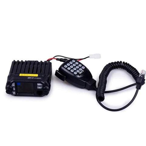 KT-8900D Dual Band Quad Standby Ham Radio Rig 25W VHF UHF with mic and coiled cable, large LCD, and cooling fan.