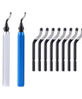 Two deburring tools with silver and blue handles and ten BS1010 HSS blades for pipe and plastic edges