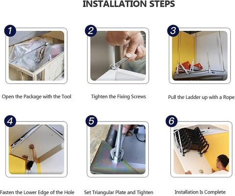 Installation steps for Slick Pull Down Attic Ladder Featuring Smooth Glide Telescopic Rails And Heavy Duty Antislip Base.