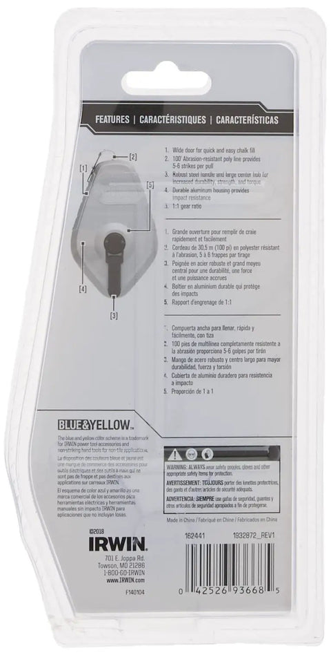 Backside packaging of Strait-Line Chalk Reel Pro Grade With 100 Foot Abrasion Resistant Poly Line and 1:1 Gear Ratio details