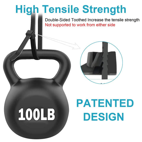 12 Inch Zip Ties Double Sided Toothed 100 Lbs Tensile Strength Heavy Duty Tough As Nails Cable Wire Ties With Self Locking Adjustable Durable Nylon Tie Wraps For Indoor Outdoor 100 Pack looped around a 100 lb weight demonstrating tensile strength with patented design detail.