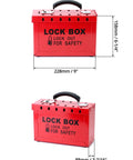 Real Heavy Duty Steel Lockout Tagout Group Lock Box 4 Pack With 12 Padlock Slots Built Like A Tank For Crew Safety And Site Compliance Boss Approved Red workstation shown from the front with dimensions.