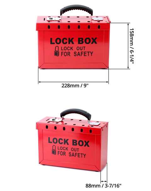 Real Heavy Duty Steel Lockout Tagout Group Lock Box 4 Pack With 12 Padlock Slots Built Like A Tank For Crew Safety And Site Compliance Boss Approved Red workstation shown from the front with dimensions.