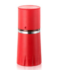 Portable manual coffee maker equipped with integrated grinder, compact red design, ideal for camping and highway hauls.