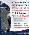 Zinsco Q30 Replacement Circuit Breaker One Pole 30 Amp Thick Series Plug In Type 120V Gray Newly Manufactured Heavy Duty Unit For Zinsco Panels ETL Listed 10000 AIC, angled view