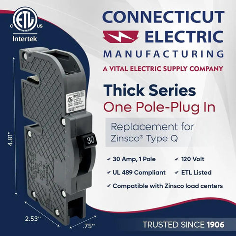 Zinsco Q30 Replacement Circuit Breaker One Pole 30 Amp Thick Series Plug In Type 120V Gray Newly Manufactured Heavy Duty Unit For Zinsco Panels ETL Listed 10000 AIC, angled view