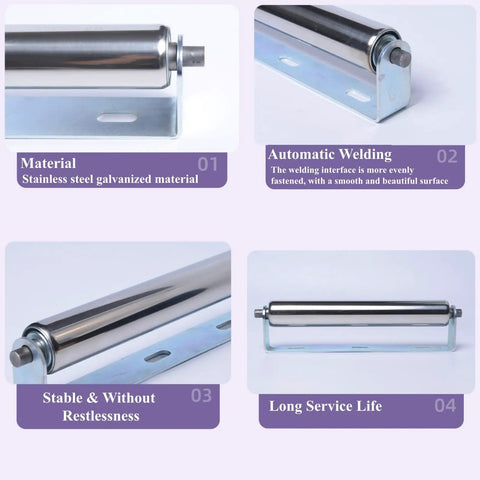 Four Pack Ten Inch Galvanized Steel Conveyor Rollers With Heavy Duty Brackets And No Sweat Install For Smooth Material Handling And Built Tough Workshop Gear showing stainless steel rollers and automatic welding.