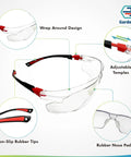 Kick Ass UV Safety Glasses With Wraparound Lens For Work And Sports Ansi Z87.1 Rated showing adjustable red black temples and nose pad.